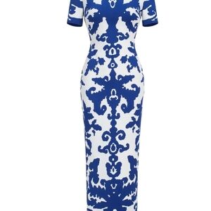Elegant Blue and White Patterned Maxi Dress